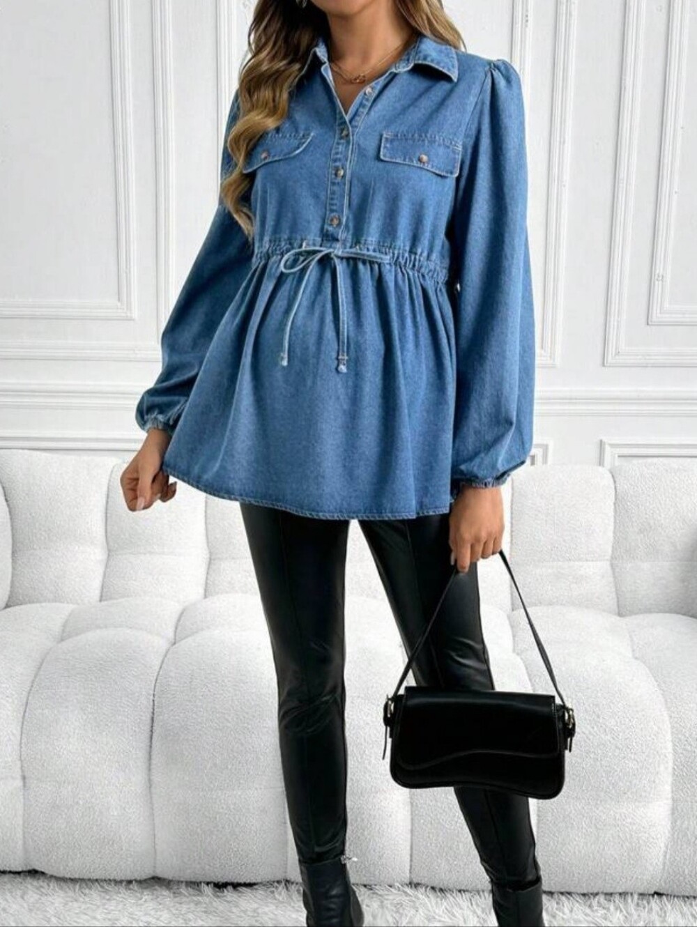 Shein Denim Drawstring Peplum Size Large Top - Blue
